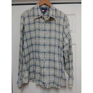 Tommy Hilfiger Jeans Plaid Long Sleeve Button Up Shirt tan blue Mens XL‎